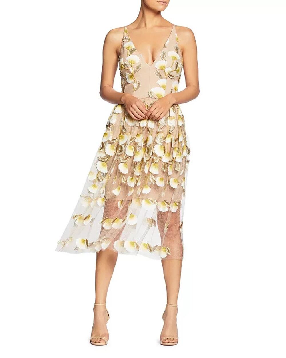 Dress The Population Illusion Dress Small Tan Nude Floral Sheer Romantic Dreamy